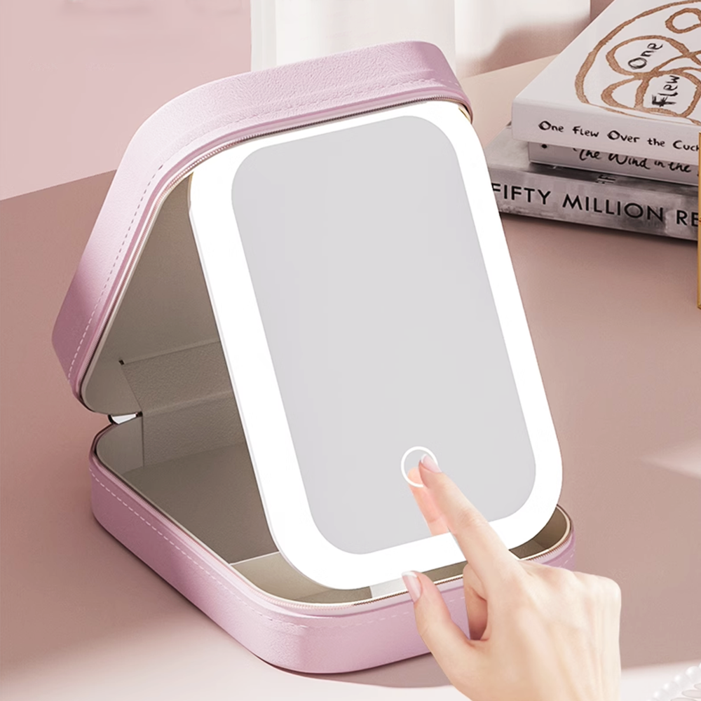 Miroir de maquillage éclairé par LED portable avec étui de rangement pour cosmétiques rechargeable multifonctionnel