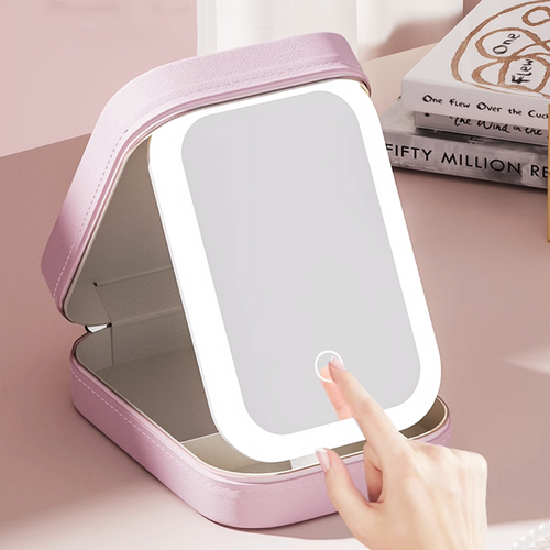 Miroir de maquillage éclairé par LED portable avec étui de rangement pour cosmétiques rechargeable multifonctionnel
