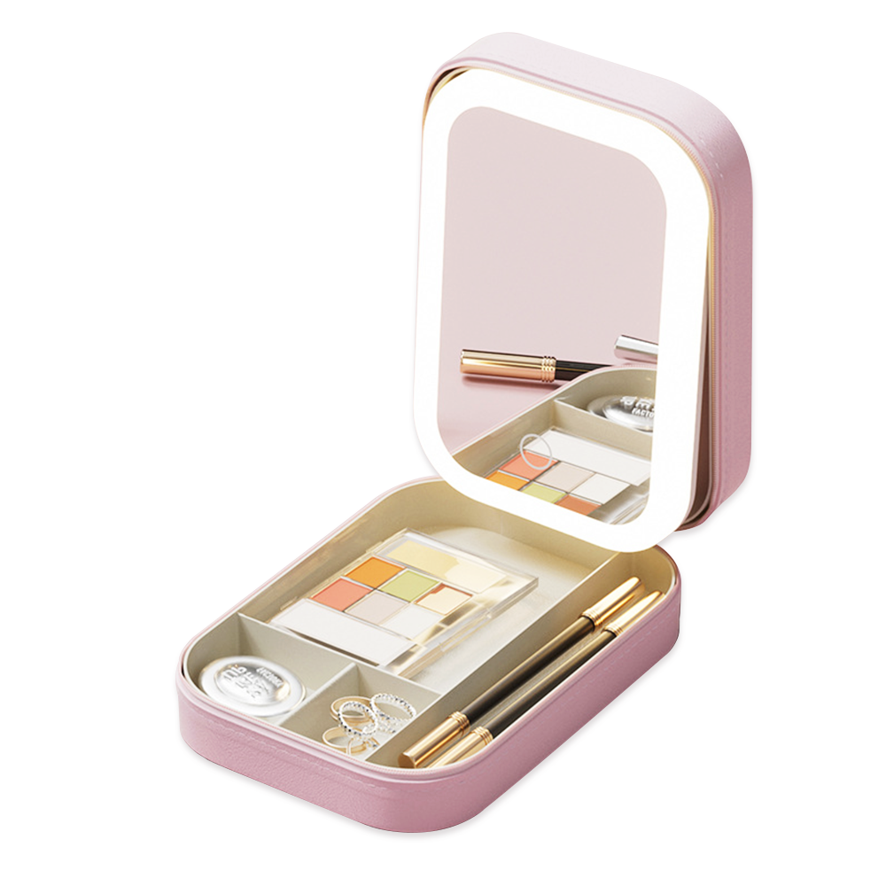 Miroir de maquillage éclairé par LED portable avec étui de rangement pour cosmétiques rechargeable multifonctionnel