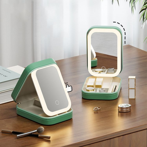 Miroir de maquillage éclairé par LED portable avec étui de rangement pour cosmétiques rechargeable multifonctionnel